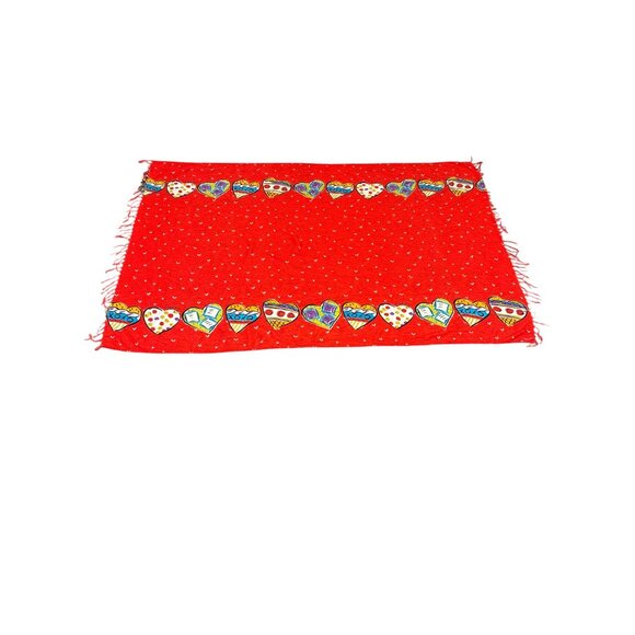 Sally Huss Red Heart Patterned Rayon Shawl Wrap Scarf With Fringe - Picture 2 of 10